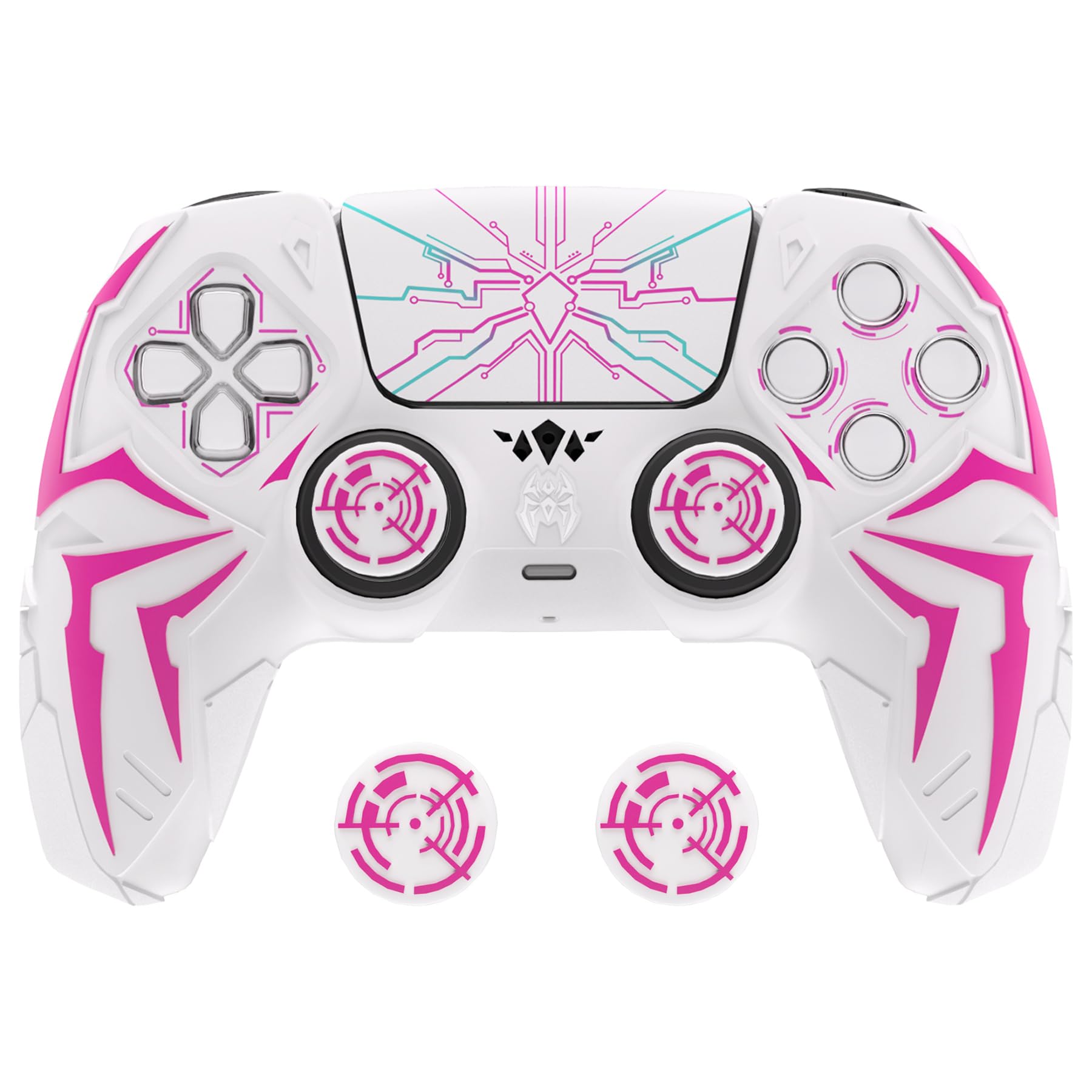 PlayVital Design for ps5 Controller Silicone Case with 2 Thumb Grips and 6 Sticker, Cyber Spider Design, Anti-Slip Shockproof Controller Cover Skin, Fits for Charging Dock, White & Pink