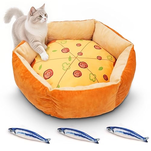 VIEFIN Cute Cat Beds Kitten Beds with Catnip Toys, Soft Small Dog Beds, Washable Pet Beds for Puppy and Kitty, Funny Pizza Shape, 20 Inch