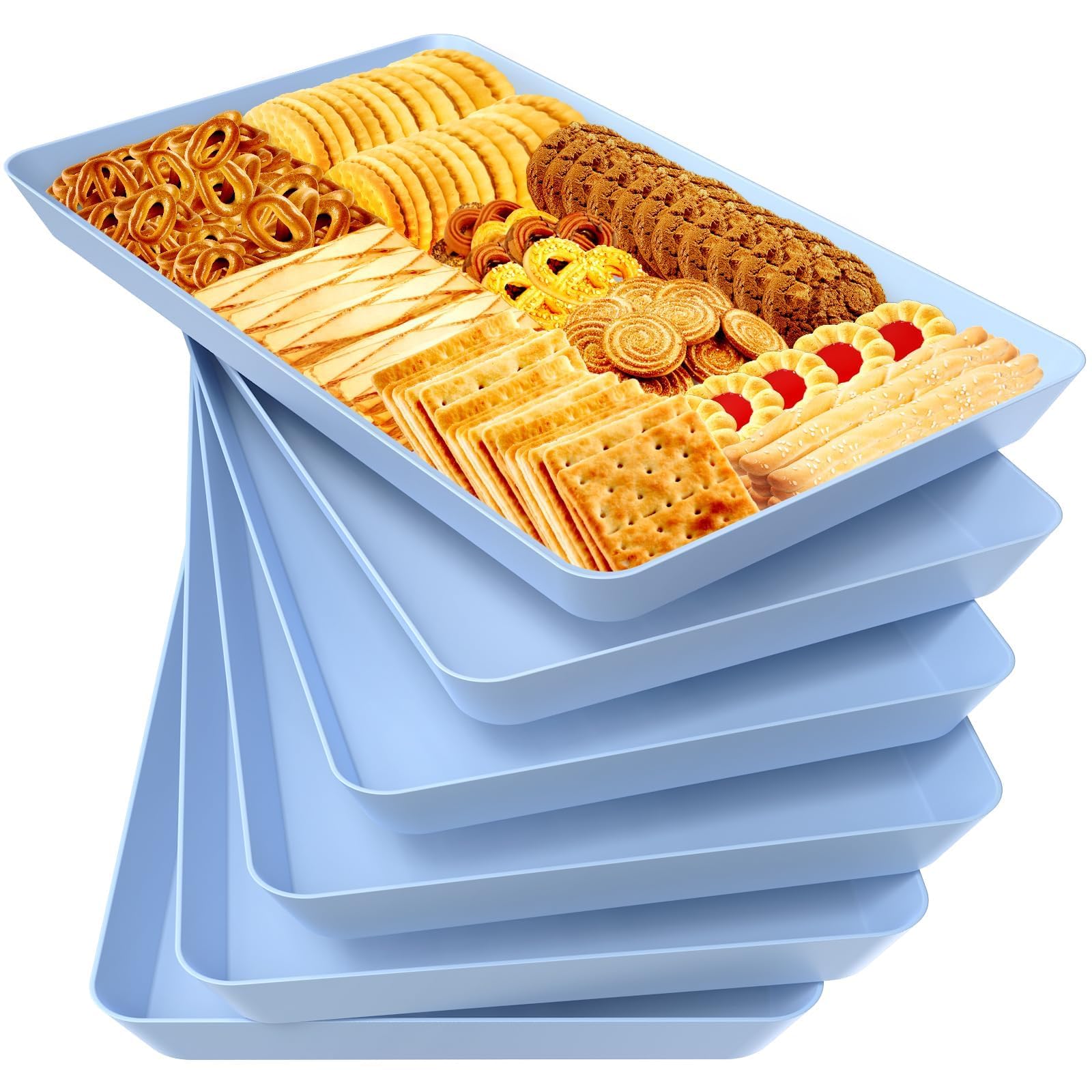WOWBOX 6 pcs Serving Tray for Entertaining, Serving Platters for Snacks, Fruit, Cookies, Dessert, Reusable Plastic Trays for Serving Food and Pantry Organization in Kitchen & for Parties, (Blue) Image