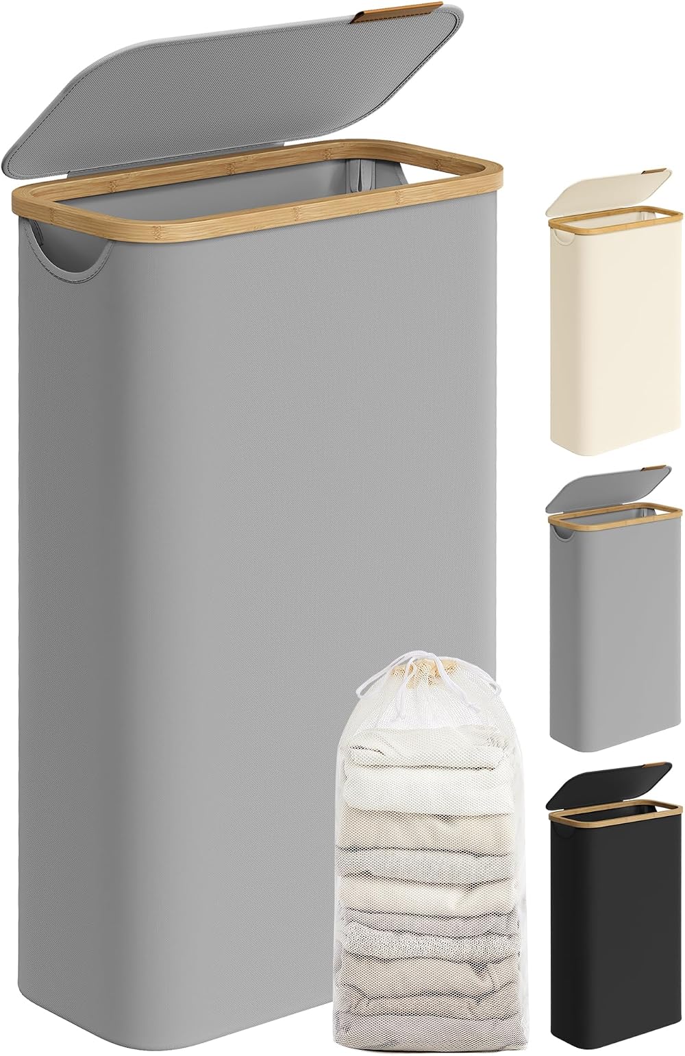 SONGMICS 65L Slim Laundry Basket with Lid Dove Grey LCB506G01