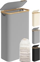 SONGMICS 65L Slim Laundry Basket with Lid Dove Grey LCB506G01