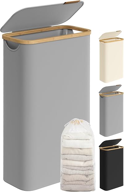 SONGMICS 65L Slim Laundry Basket with Lid Dove Grey LCB506G01