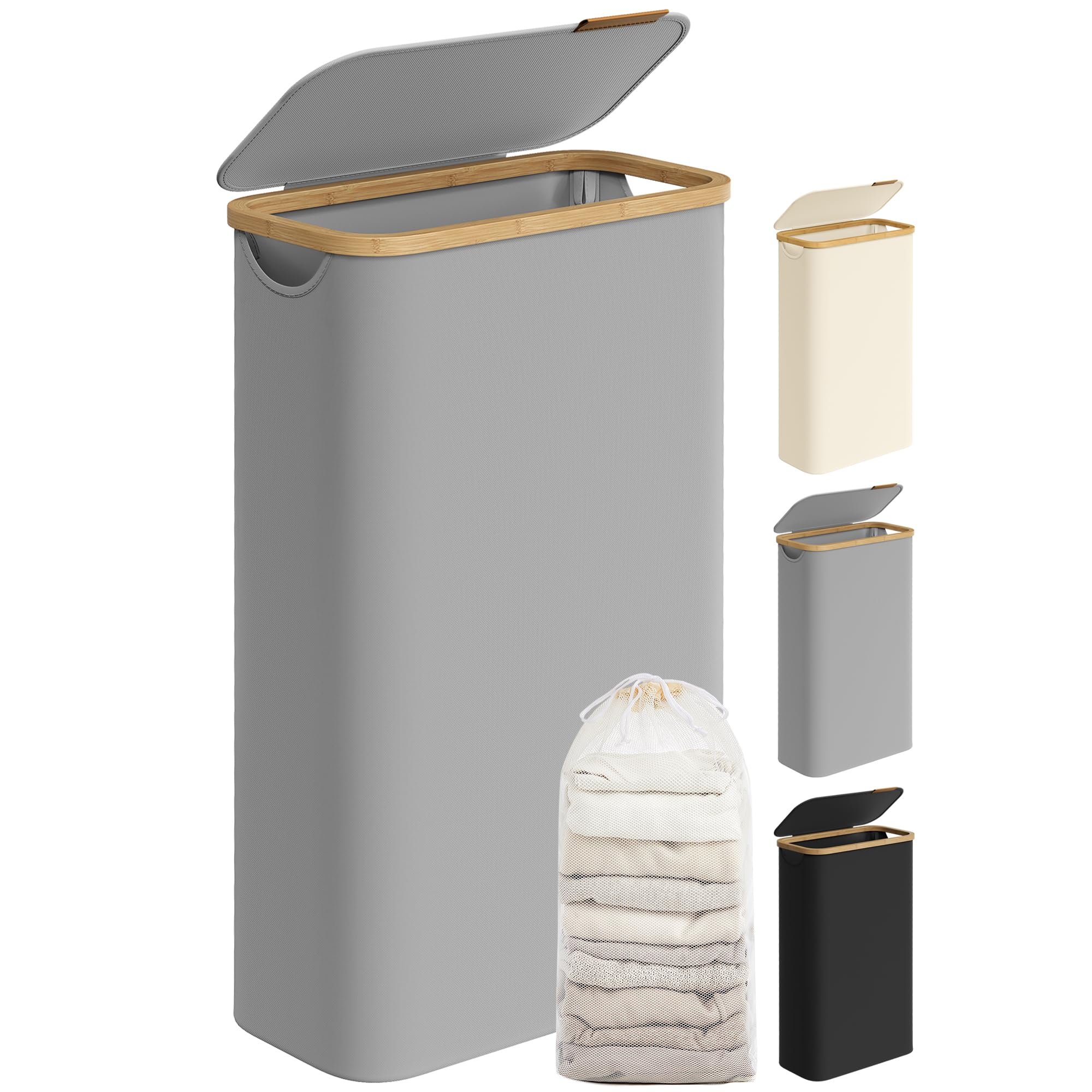 SONGMICS Laundry Basket with Lid, Slim Laundry Hamper, 65L, Space-Saving, Removable Mesh Liner, Oxford Fabric, Bamboo Handles, Collapsible, 42 x 22.5 x 70.5 cm, Dove Grey LCB506G01