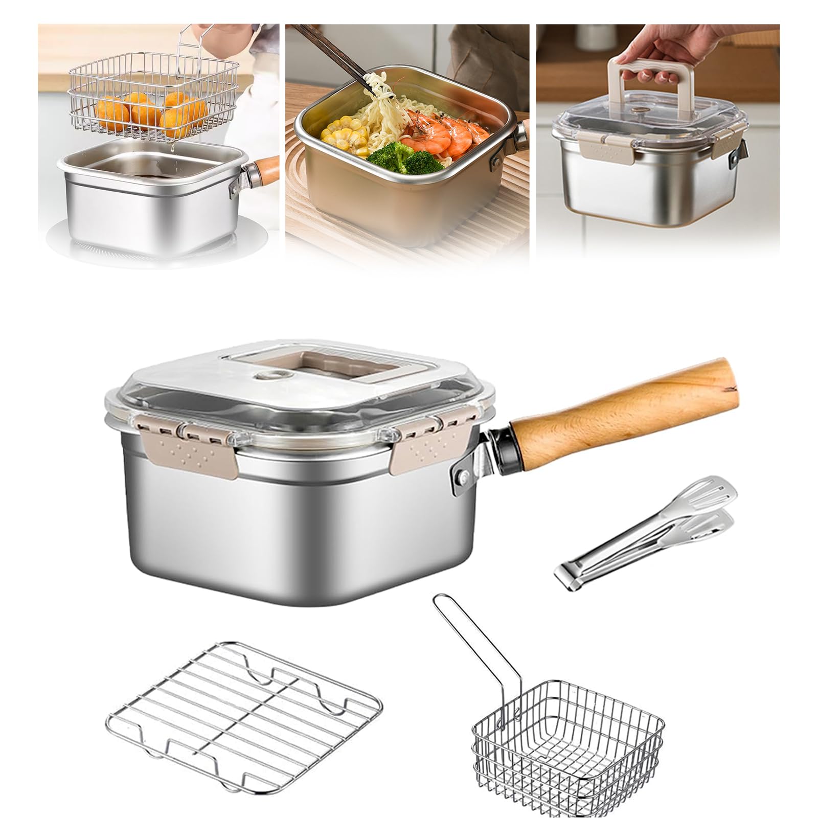 Photo 1 of Stainless Steel Deep Fryer,Portable Outdoor Cooking Pot with Basket,Lid,Handle,and Oil Filter Screen,Multi-Functional Food Container,Perfect for Frying Chicken,French Fries,or Noodles,2.3L/78oz