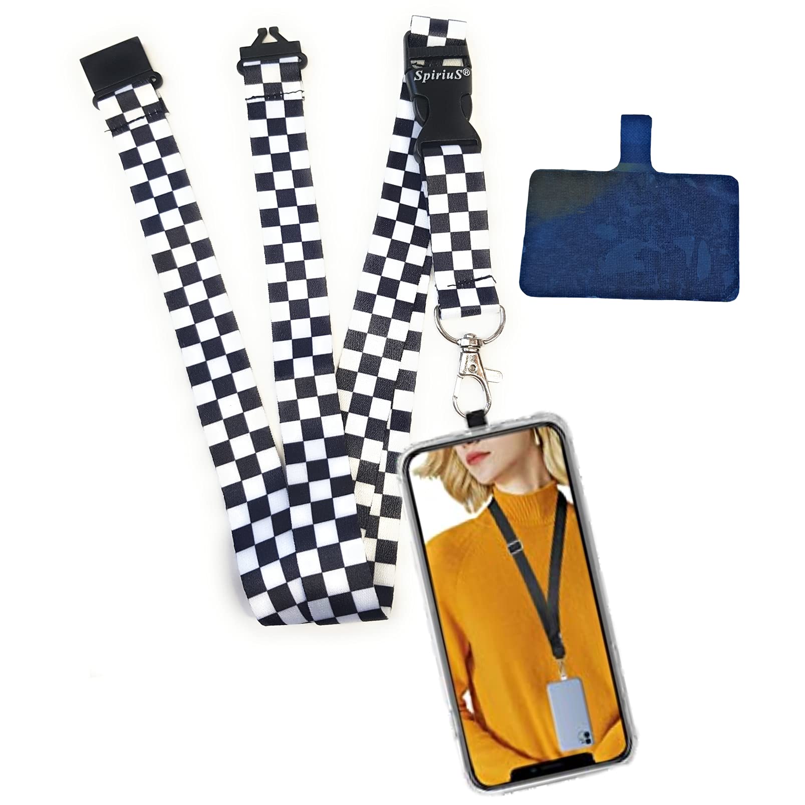 SpiriuS Universal Phone Lanyard Neck Strap with Detachable Patch sticker Compatible with all Smartphones for iPhone Google Pixel LG HTC Huawei (checker plaid)