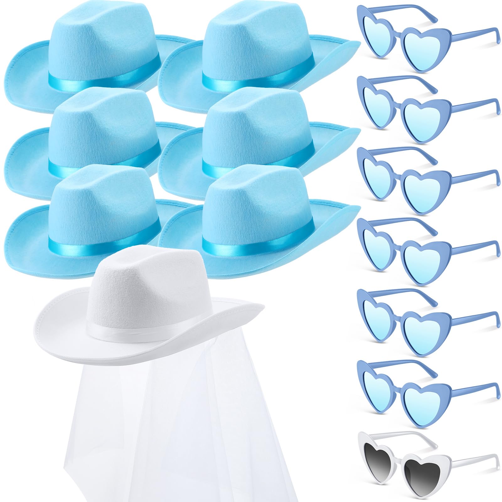 Photo 1 of Unittype 14 Pcs Bridal Cowgirl Party Set Heart Glasses Bride Cowboy Hats for Bachelorette Party Bridal Wedding Shower(Classic Stlye,Blue, White)
