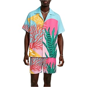 Rosegalette Mens Hawaiian Floral Print Summer Beach Outfits Short Sleeve Collared Shirt Drawstring Shorts Two Piece Set 2026