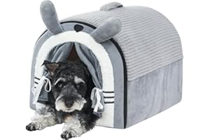 Jiupety Cute Small Dog Cave Bed with Door Curtain Design, Dog House with Reversible Washable Cushion, L Size Portable Puppy House, Cartoon Style Hut Up to 22lbs, Non-Slip Bottom, Grey