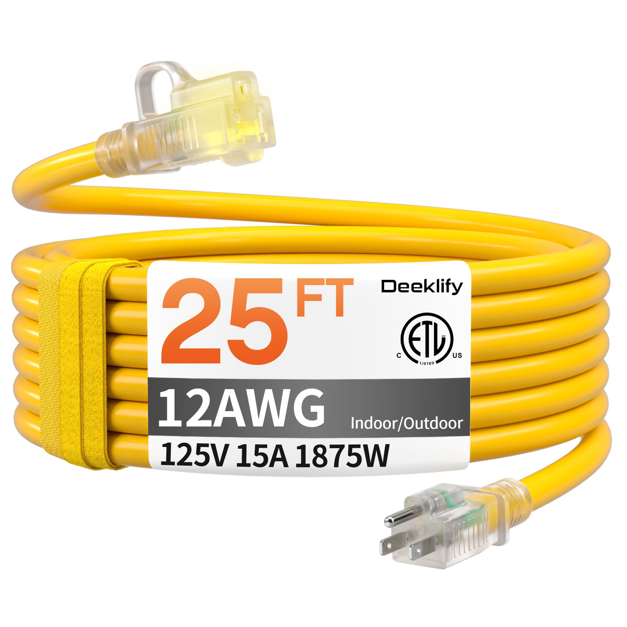 Photo 1 of 12AWG 25 FT Heavy Duty Outdoor Extension Cord Waterproof with Lighted End, 12 Gauge Extension Cord Flexible and Cold Resistant 3 Prong Grounded Plug,15Amp 1875W Yellow SJTW ETL Listed
