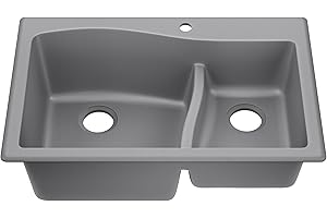 KRAUS Quarza 33-inch Drop-In/Undermount 60/40 Double Bowl Granite Kitchen Sink in Grey, KGD-442GREY