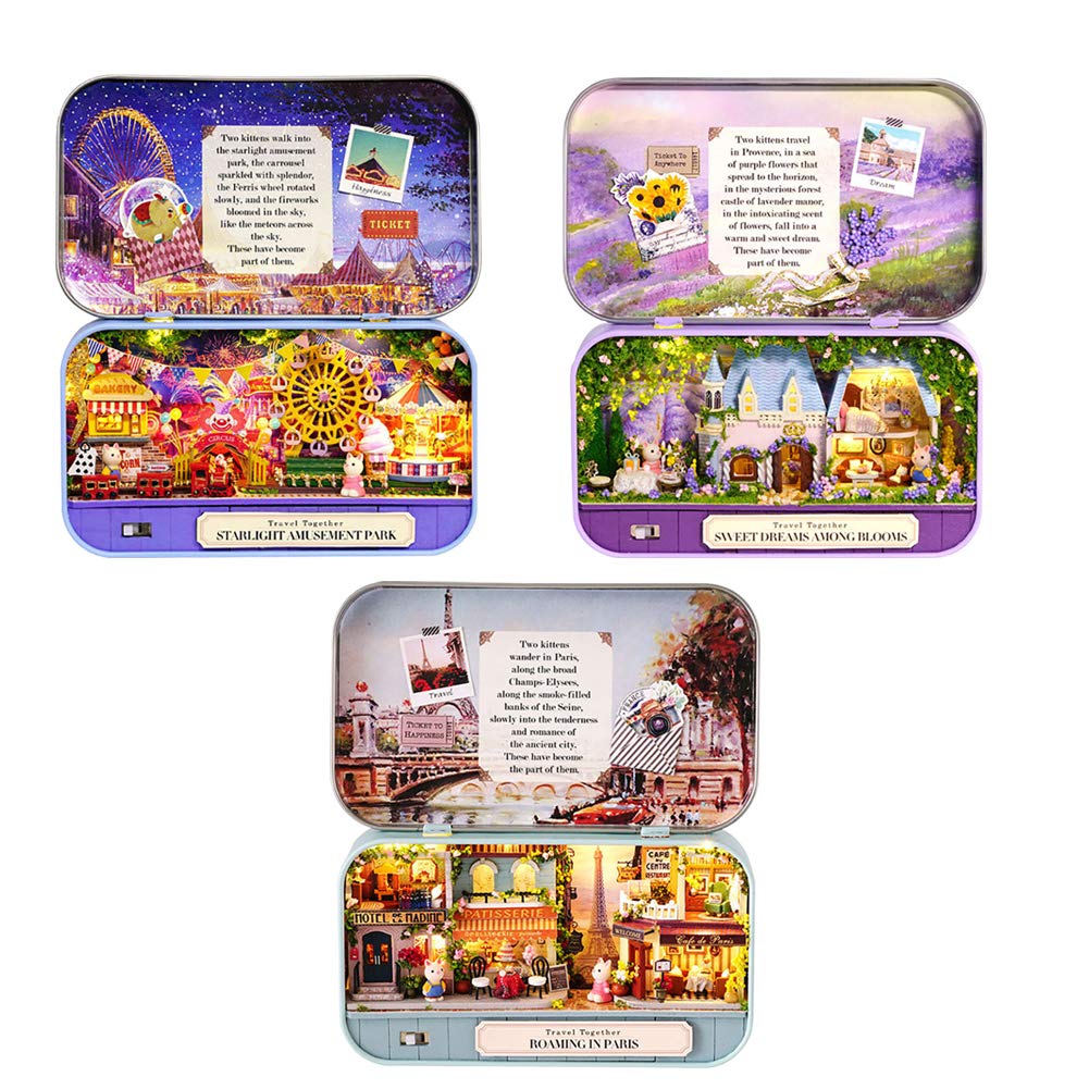 WDC 3PCS DIY House Box Theater Dollhouse Miniature Scene Tin Box Toyhouse Kit Miniature Furniture Kit Toys House fo rCreative Valentine's Wedding Gift