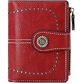 Vyrnox Women's Small Genuine Leather Bifold Wallet Large Capacity RFID Blocking with 16 Card Slots 2 ID Windows and Zipper Coin Pocket Pink (Red)