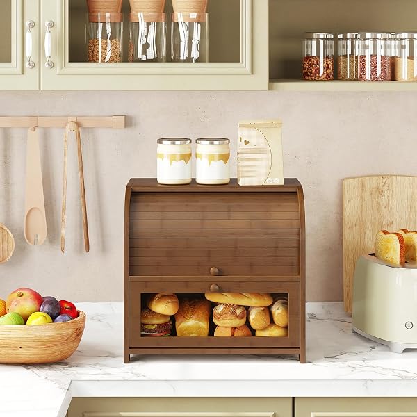 HOOBRO BREAD BOX, BAMBOO BREAD BOX FOR KITCHEN COUNTERTOP, 2 TIER ROLL-TOP BREAD BIN, FOOD STORAGE BOX, LARGE CAPACITY KEEPER, WOODEN STORAGE CABINET, FOR KITCHEN, DINING ROOM, BROWN BR13MB01