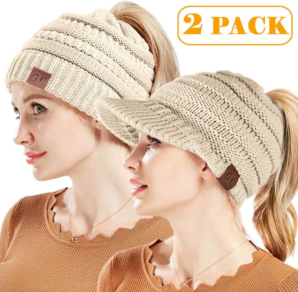 BeanieTail Warm Knit Messy High Bun Ponytail Visor Beanie Cap (2pack-Beige)