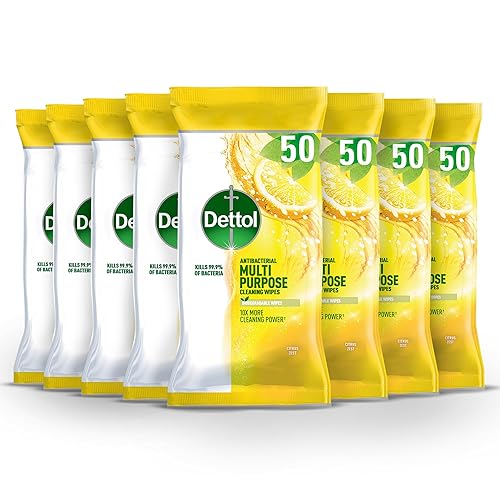 Dettol Antibacterial Wipes, Citrus, Total of 400 Wipes (8 Packs X 50), Biodegradable Wipes, Cleaning Wipes, Disinfectant Wipes, Surface Wipes, Antibacterial, Household Cleaners