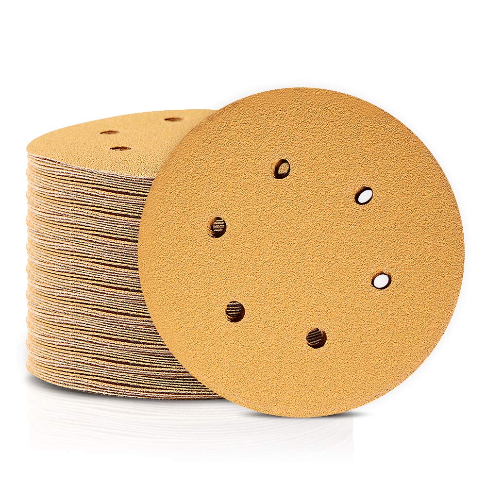SPEEDWOX 100 Pcs 6 Inches Hook and Loop 6 Hole Sanding Discs 60 Grit Dustless Sandpaper Assortment Fit for Random Orbital Sander Yellow Finishing Discs for Automotive Woodworking