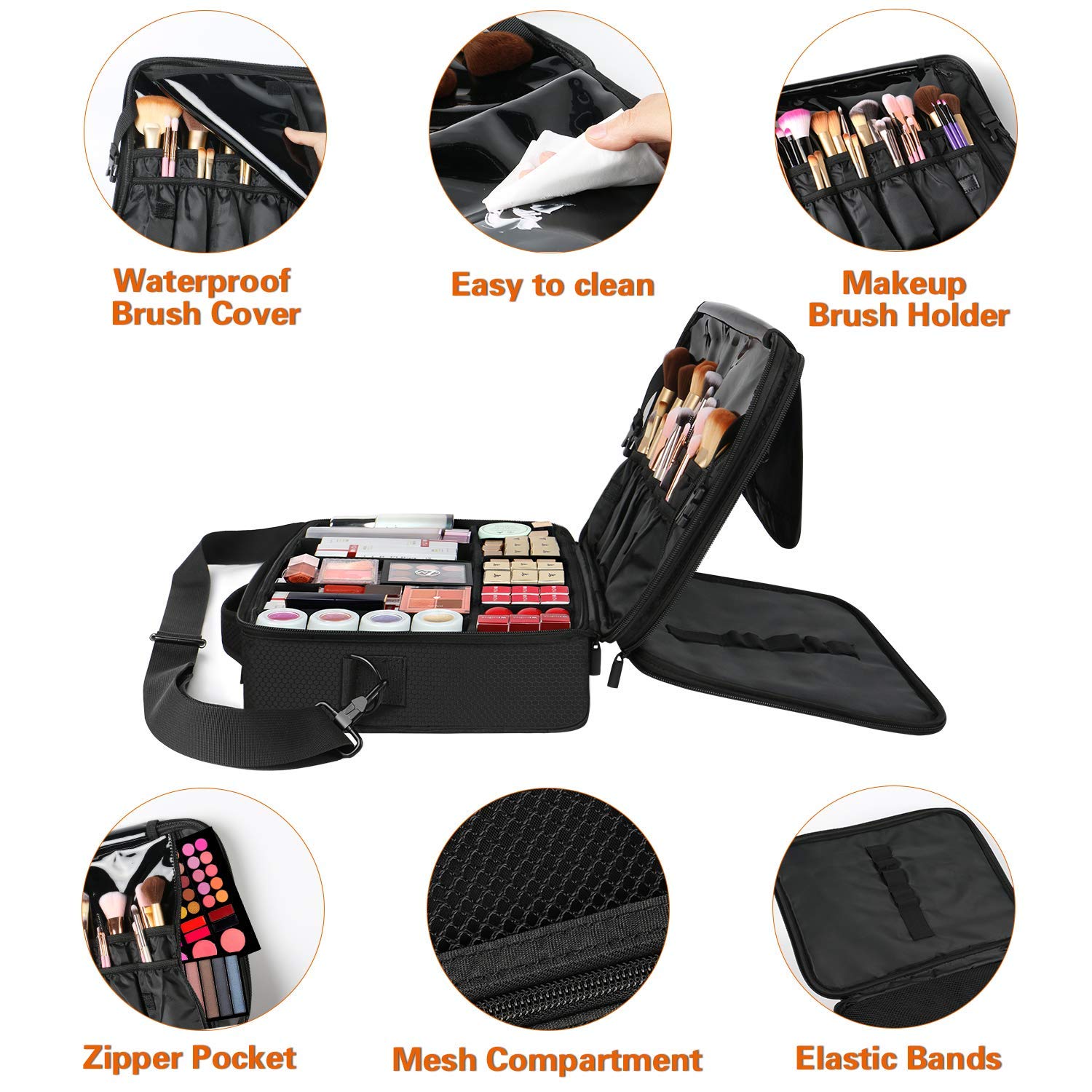 Large Travel Makeup Bag, Professional Cosmetic Makeup Train Case with Mirror, Waterproof Cosmetics Organizer Bag with Adjustable Divider Portable Makeup Storage Bag 16.5 Inch for women, Black : Beauty