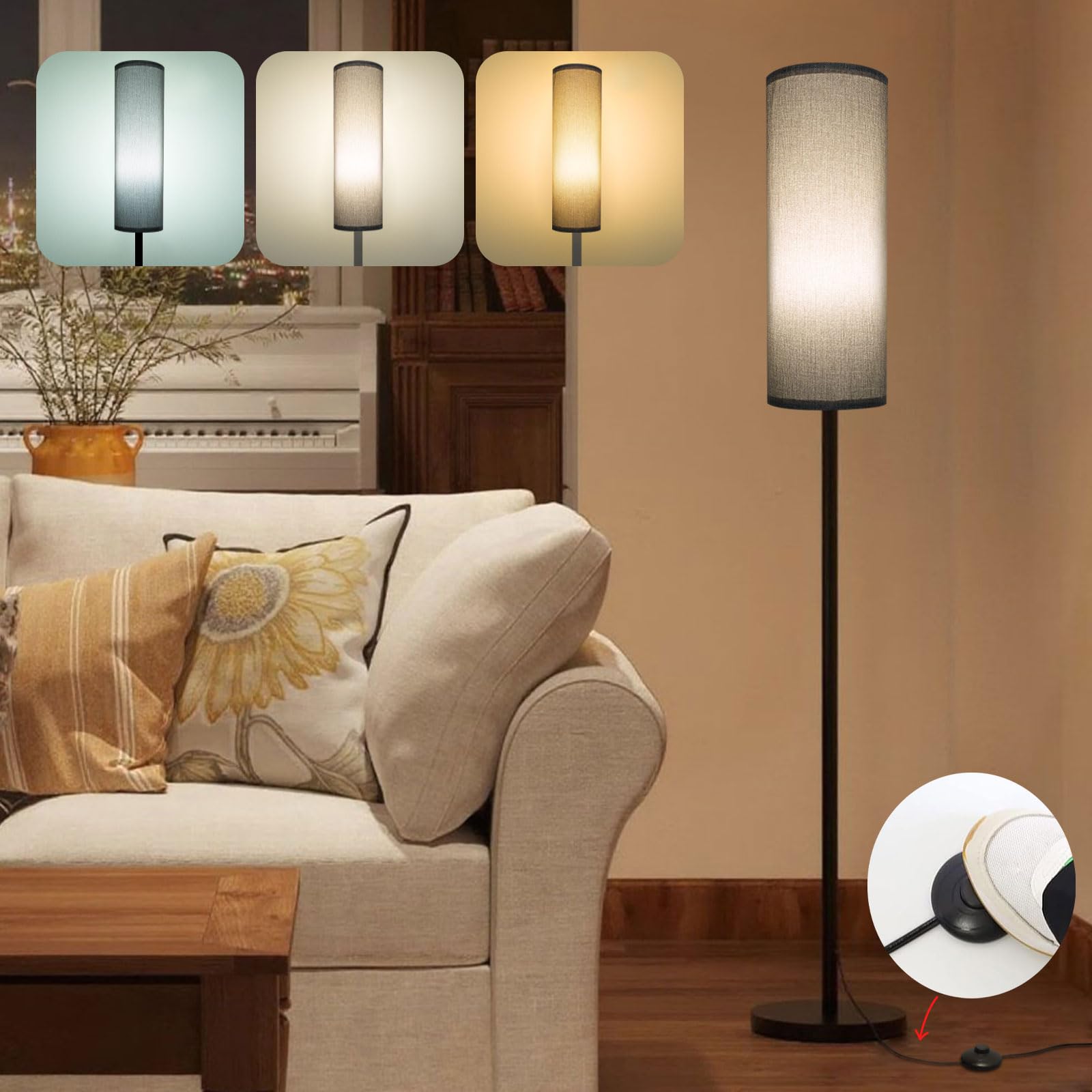 Ppbmocw Floor Lamps for Living Room,68 Inches High Standing Lamp with Foot Switch,Dimmable Tall Lamp for Bedroom,Grey LED Floor Lamp