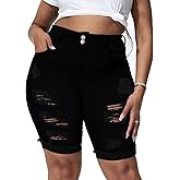 Gocolloa Womens Plus Size Jean Shorts Stretchy High Waisted Ripped Roll Hem Denim Bermuda Shorts 10" Inseam