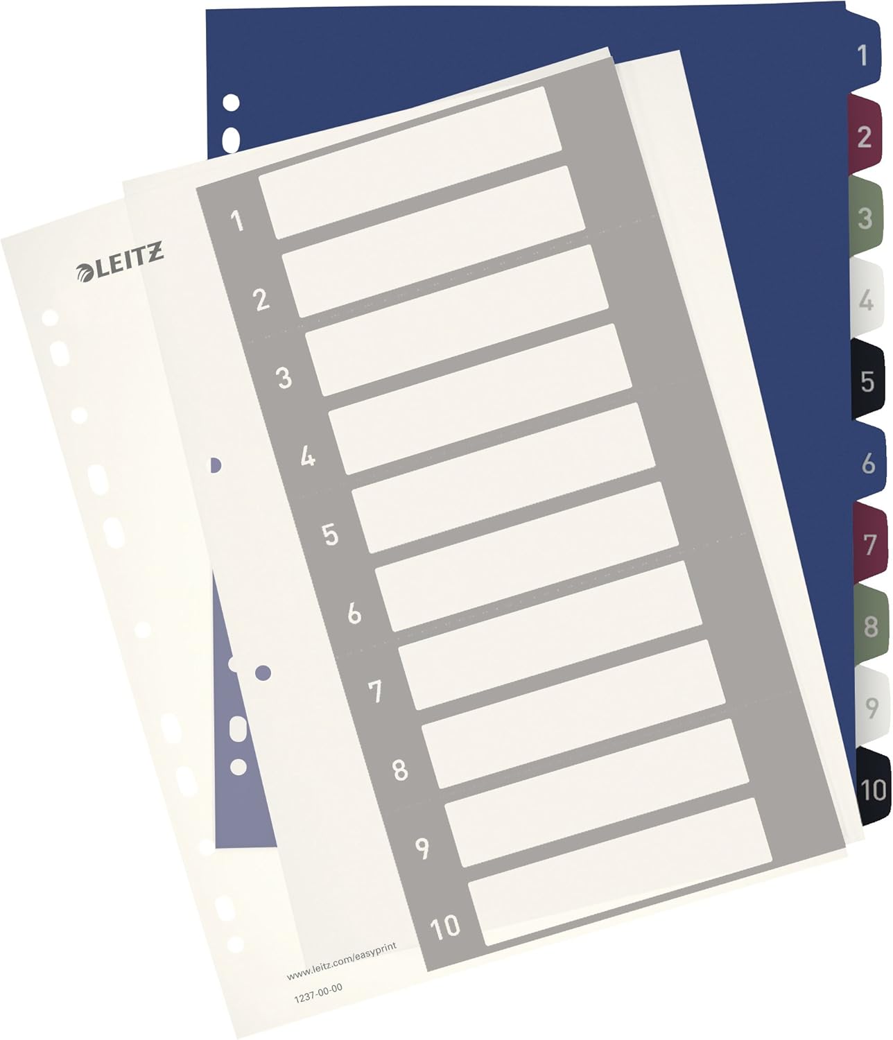 Leitz 1-10 Index, A4, PC Printable, Heavy Duty Plastic, Extra Wide, 12370000, Multi-Colour