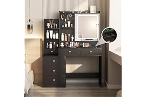 Vabches Vanity Desk with Mirror and Lights,Makeup Vanity with 6 Drawers and Shelves,Vanity Table with Power Outlet,Makeup Desk with Led Lighted Mirror in 3 Colors,for Bedroom,Black