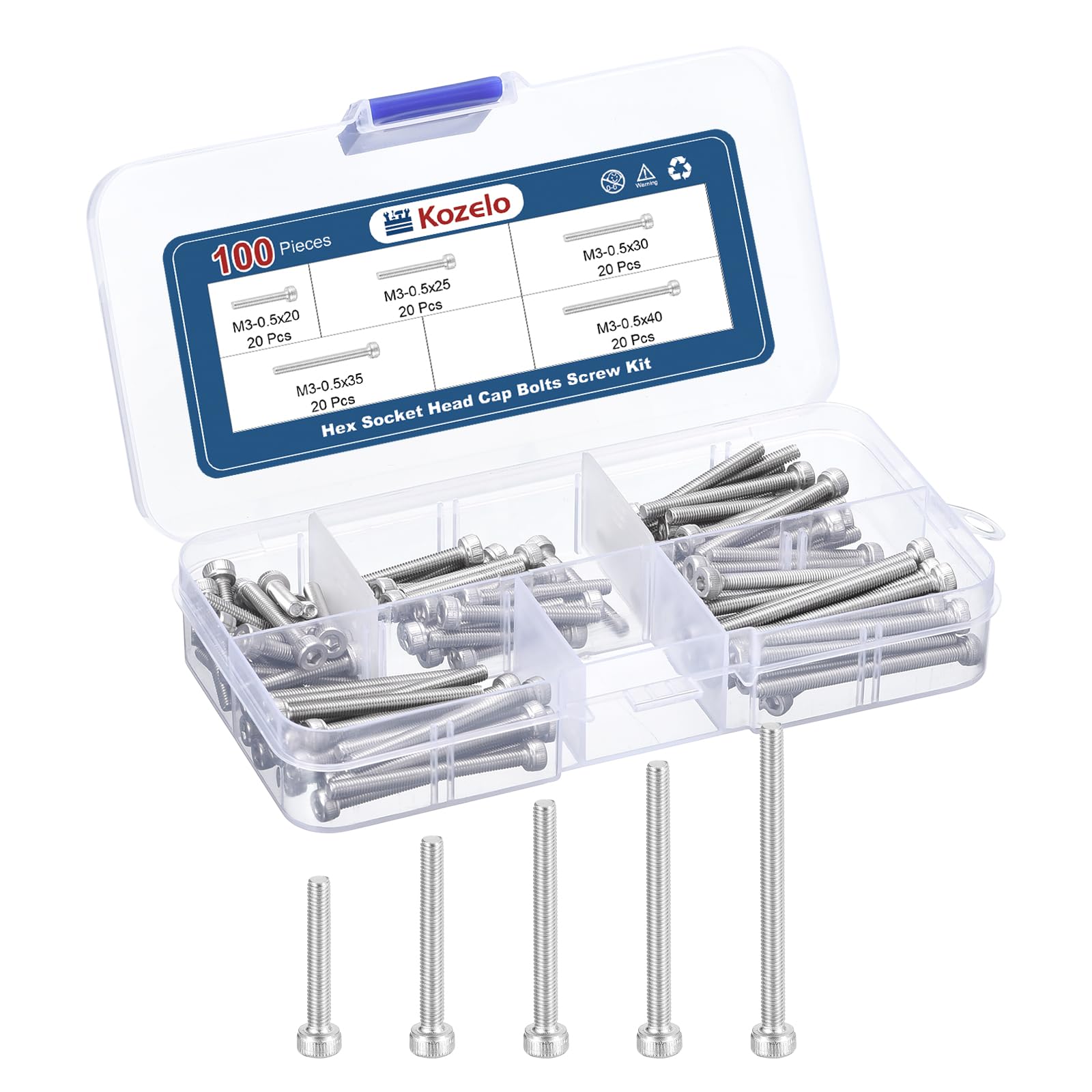 Kozelo 100pcs M3 Socket Head Cap Screws Bolts Nuts Assortment Kit - [M3x20/25/30/35/40mm] 304 Stainless Steel Allen Socket Drive for 3D Printer — image 1