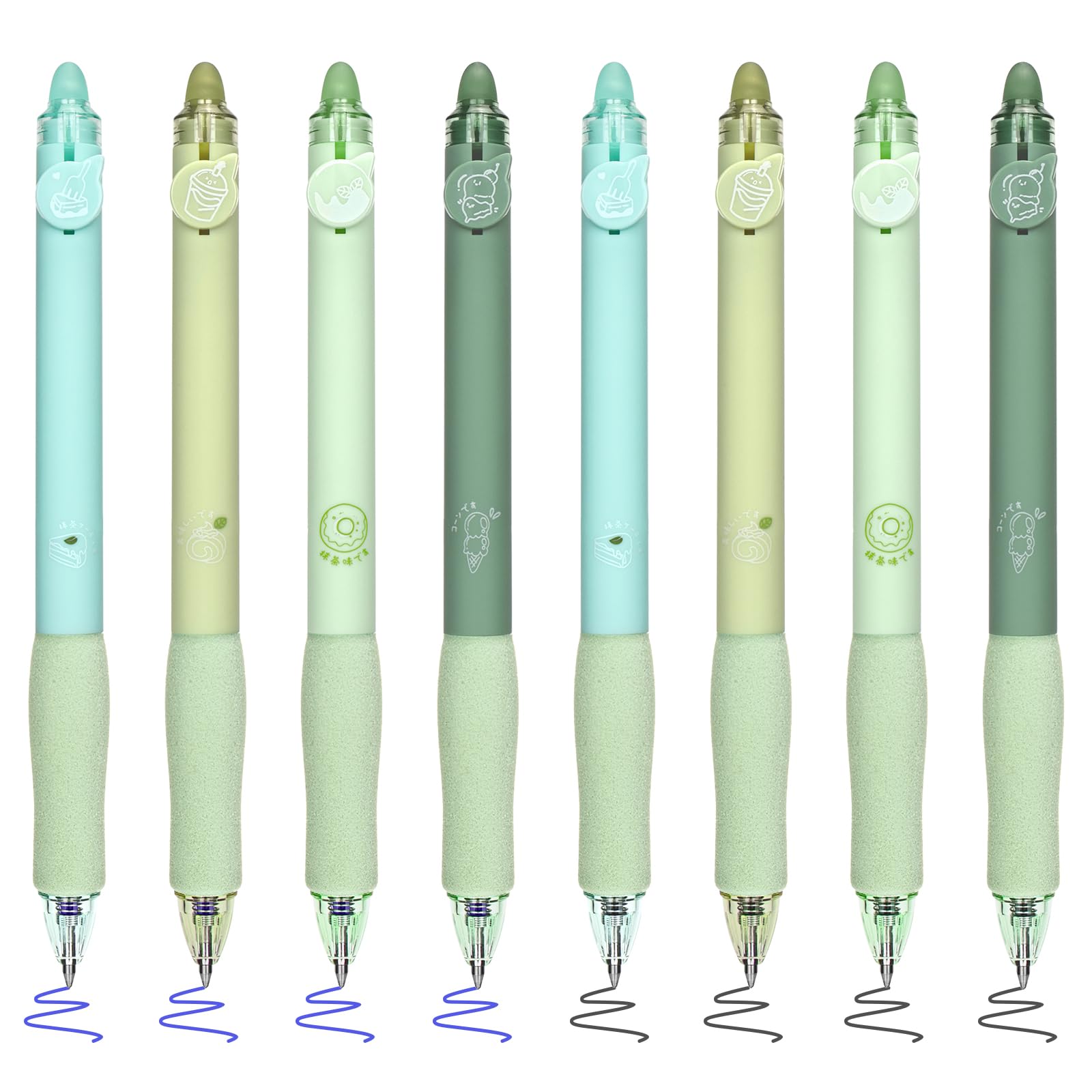 BAYTORY 8Pcs Cute Retractable Erasable Gel Pens, Blue and Black Ink Pen with Eraser Clear, Smooth Writing Comfortable to Use for Note Taking Planner Crossword Puzzles (Green)