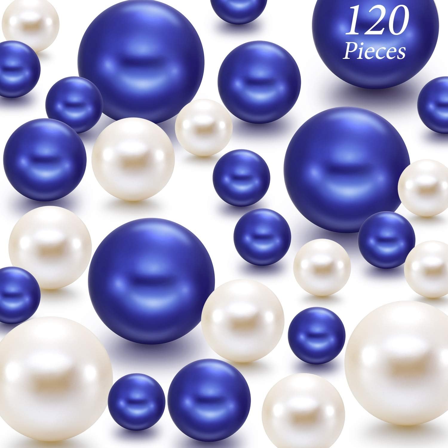 Vase Fillers - Hicarer 120 Pieces Pearl for Vase Filler Pearl Bead Vase Centerpieces Bead for Brush Holder Assorted Round Faux Bead for Home Wedding Table Decor, 14/20/30 mm (Creamy White, Royal Blue/Navy)