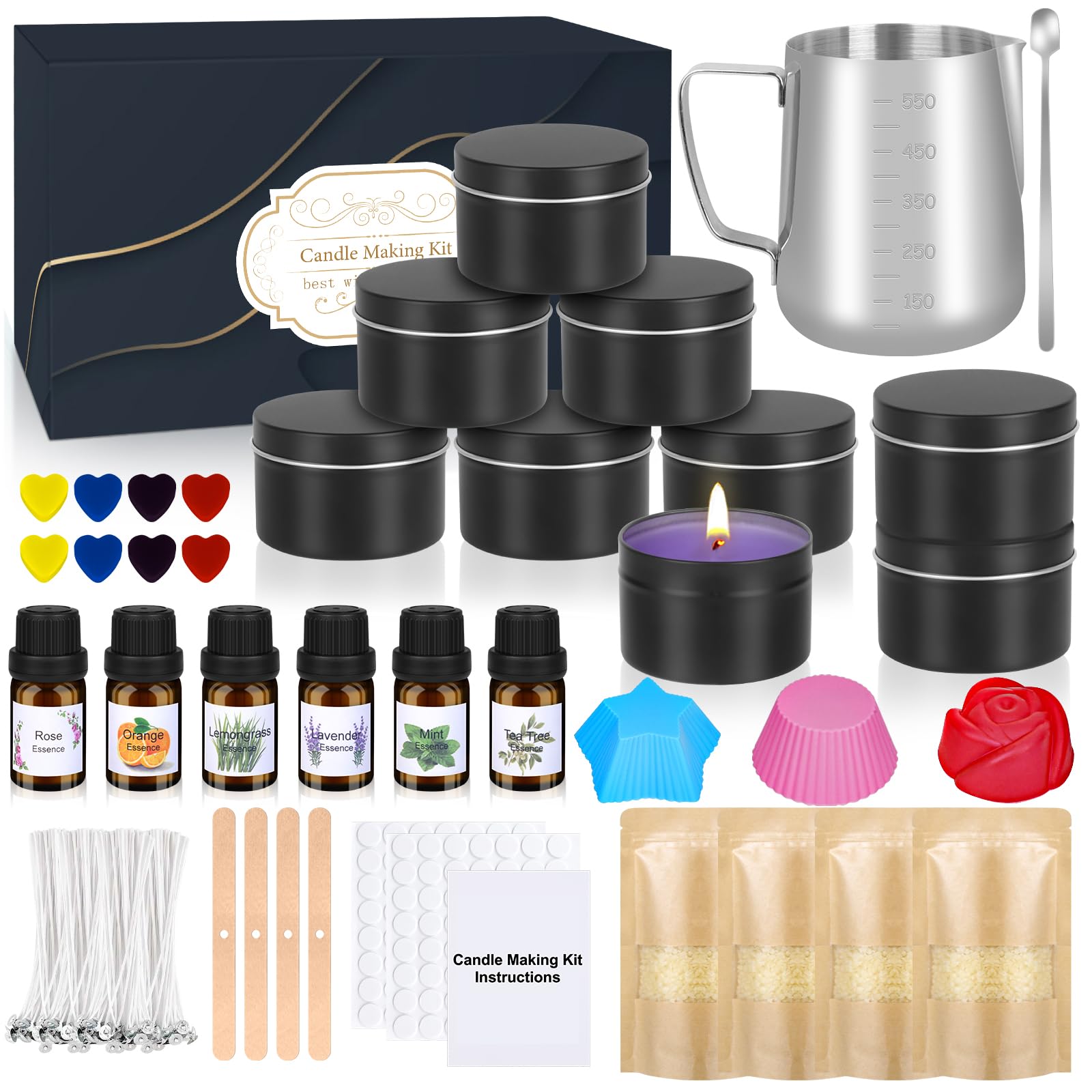 Candle Making Kit for Adults Beginners, Candle Making Supplies Accessory, DIY Scented Candle Set with Beeswax, Essential Oil, Wicks, Wax Melting Pot, Moulds, Candle Jars, Dye, Make Your Own Candles