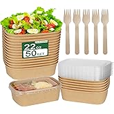 Hokimder 50 Pack 22oz Paper Food Containers【with Lids and Forks】, Disposable Meal Prep Containers for Lunch Meal Prep, Salad, Ice Cream, Soup, Rectangle Kraft Paper Bowls, Microwave Freezer Safe