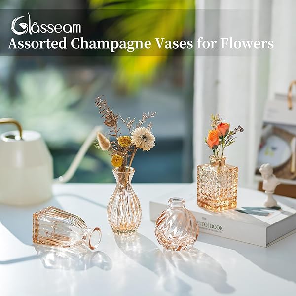 GLASSEAM GLASS SMALL VASES FOR CENTERPIECES: CUTE BUD VASES IN BULK 28 VINTAGE RUSTIC MINI VASES FOR FLOWERS CHAMPAGNE PINK CENTERPIECE VASE FOR TABLE DECOR WEDDING PARTY DECORATIONS