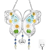 LARAINE Butterfly Suncatcher with Pressed Flower Wings Mother's Day Butterfly Glass Wind Chime Ornament Charm with Metal Heart Gifts for Grandma Aunt Birthday (Mom, Blue)