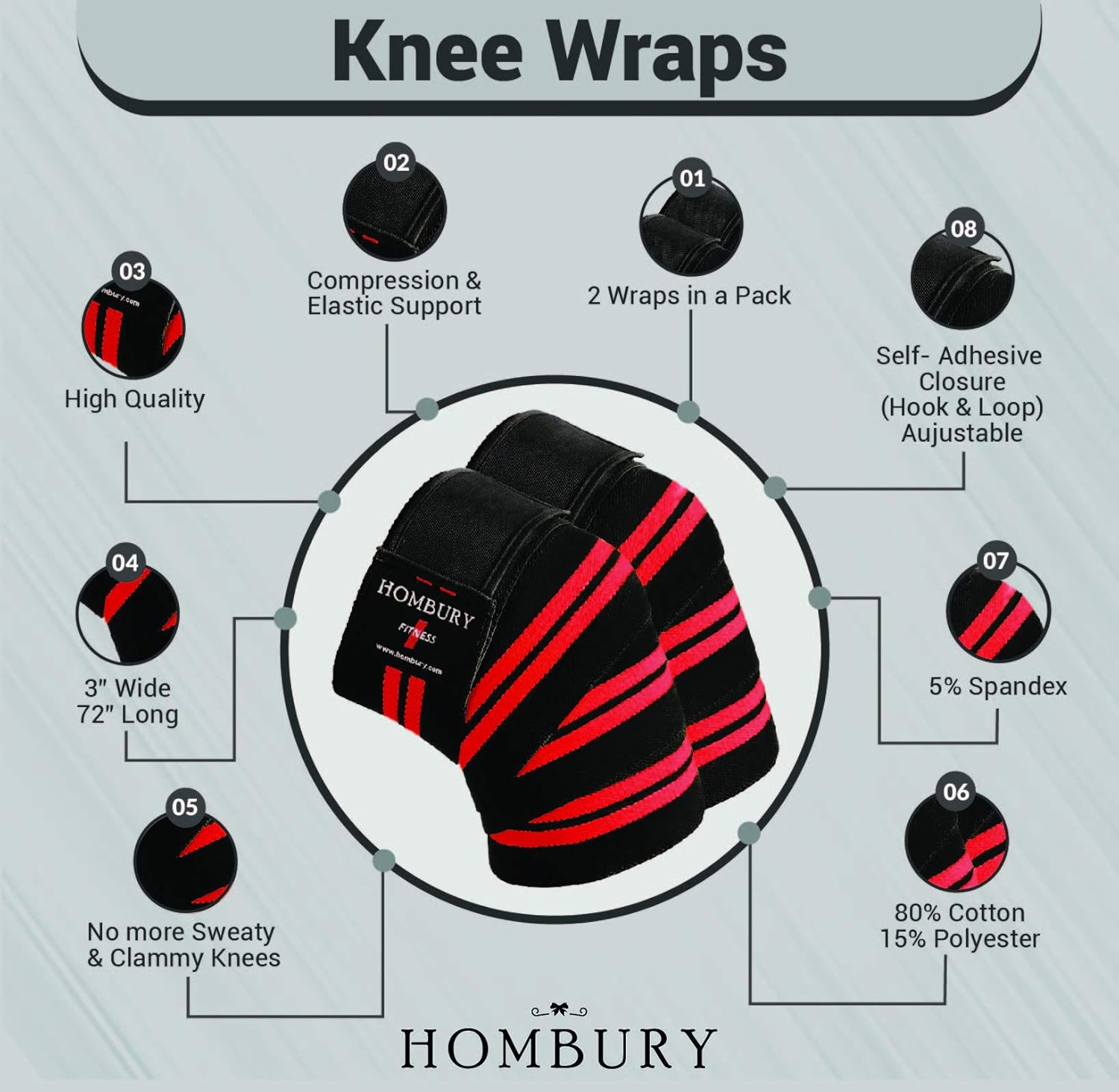 HOMBURY Knee Wraps with Compression & Elastic Support, Adjustable, 72” Long, 3" Wide (Blue, 72"): Sports & Outdoors