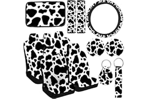 JINGSEN 15 Pieces Cow Print Printing Car Steering Wheel Cover Center Console Armrest Pad Headrest Seat Belt Cover Handbrake Cover Keychain Coaster Full Set Car SUV (Cow)