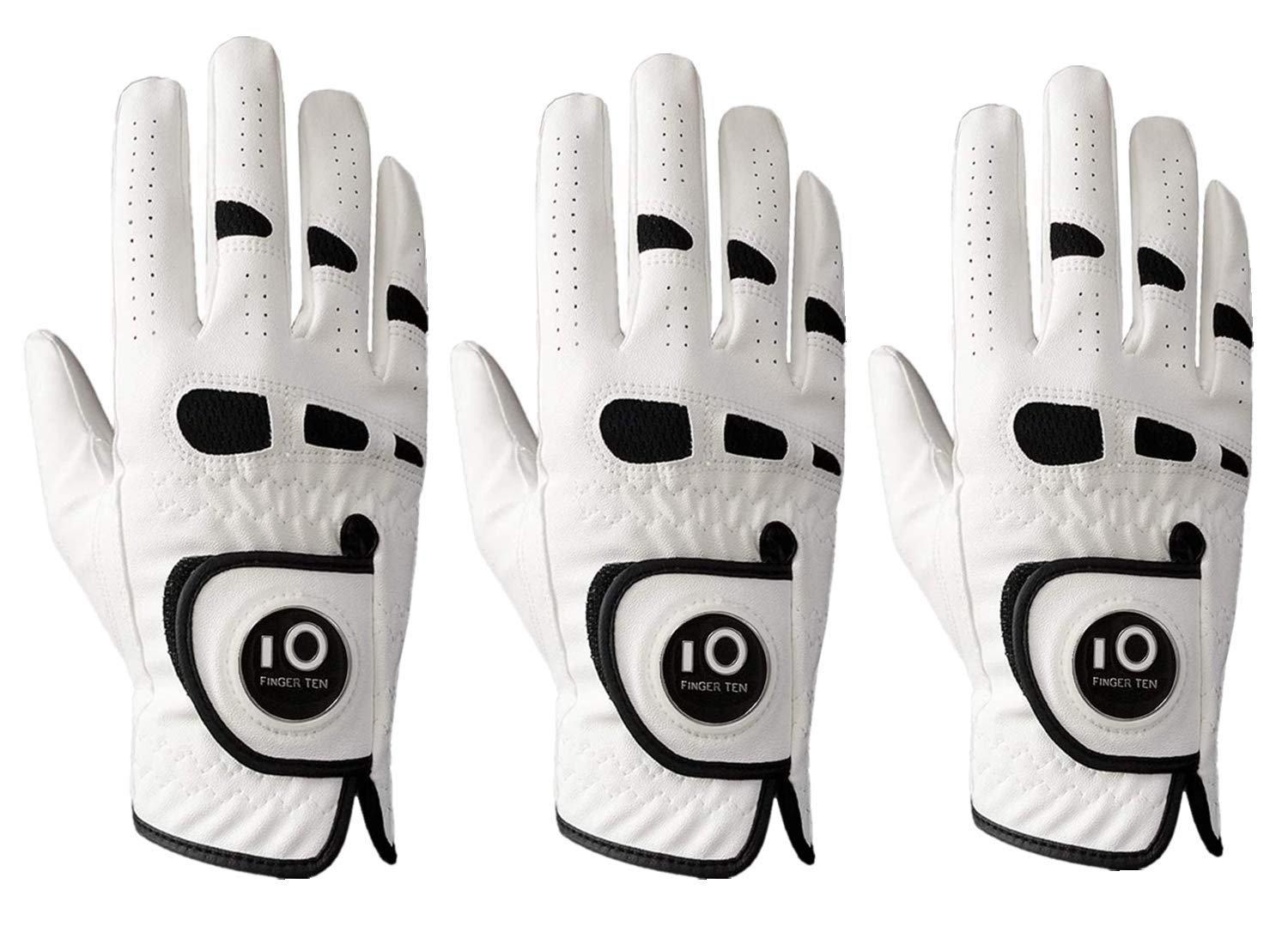 FINGER TEN Golf Gloves Men Left Hand Right with Ball Marker Cabretta Leather Weathersof Value 3 Pack, Rain Grip Golf Glove Mens Wear Resistant (M/L, 3 Pack(Worn on Right Hand) โ image 1