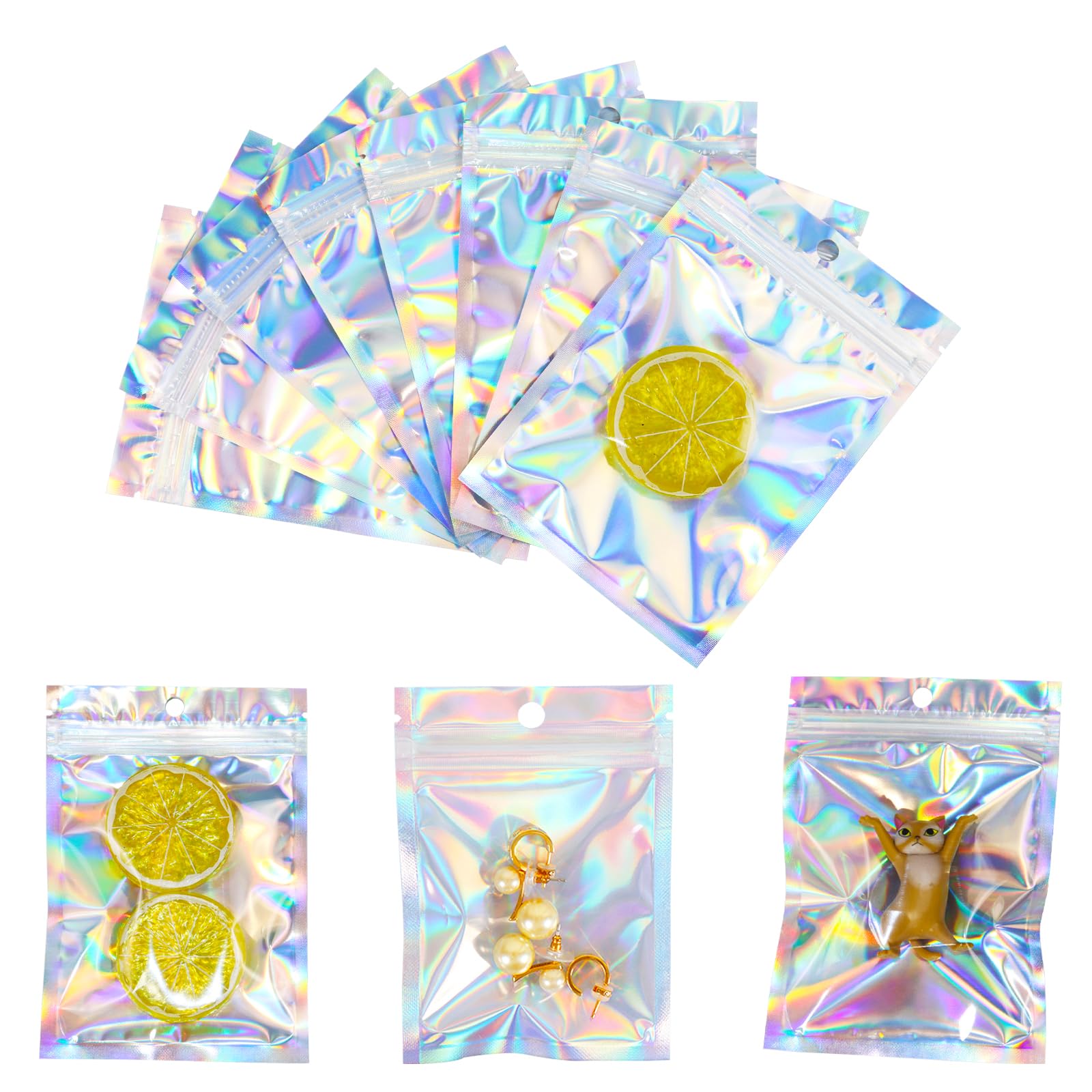 100 pcs Mylar Resealable Holographic Bags，4x9inch Aluminium Self Sealing Zip Lock Storage Bags for Gift Jewellery Sample，Cookie Chocolates Biscuit Sweets Candy
