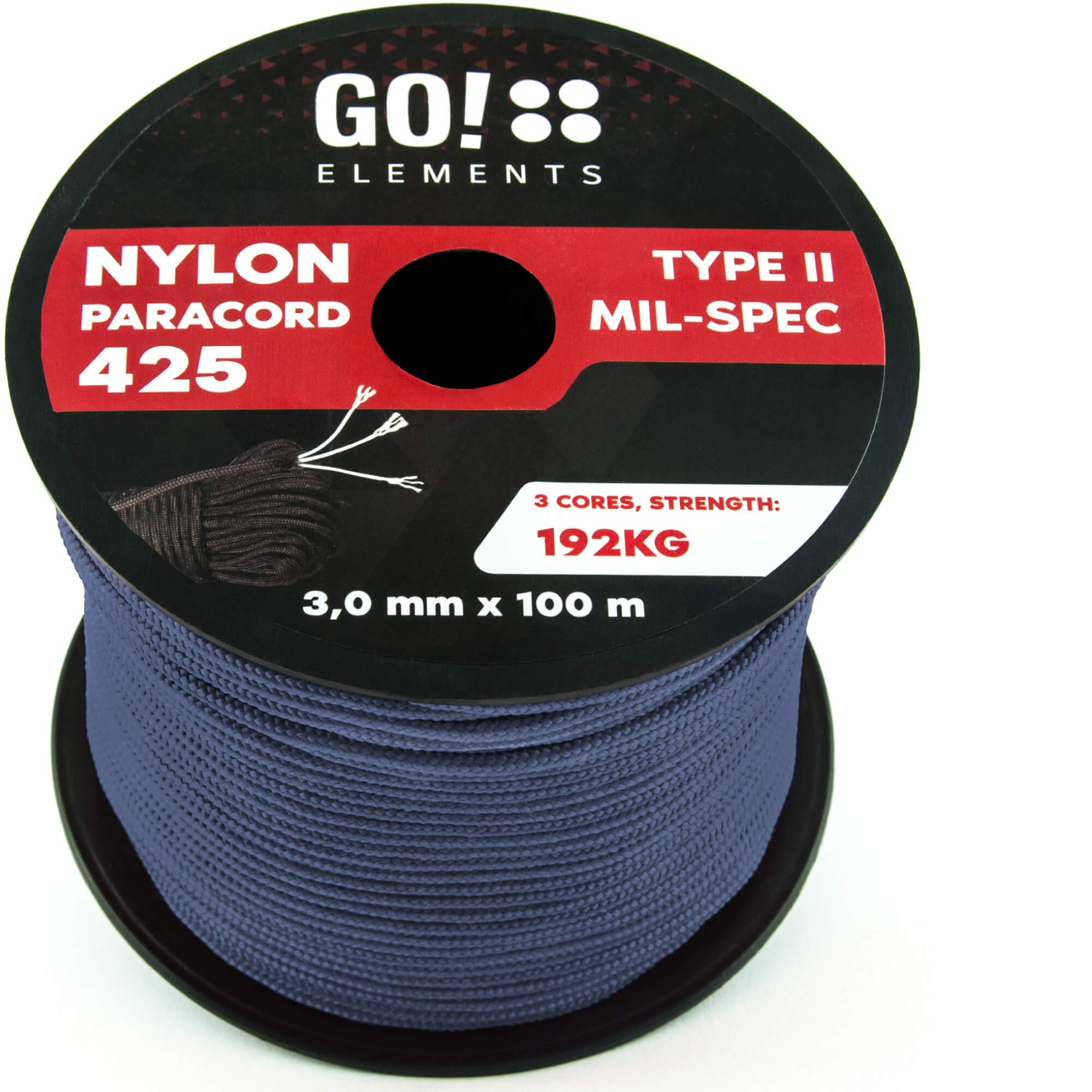 GO!elements 100m Paracord rope made of tearproof nylon - 3mm Paracord 425 type II lines as outdoor rope, all-purpose rope, survival rope, bracelet, dog leash - nylon line max. 192kg, Color:Gray-Blue