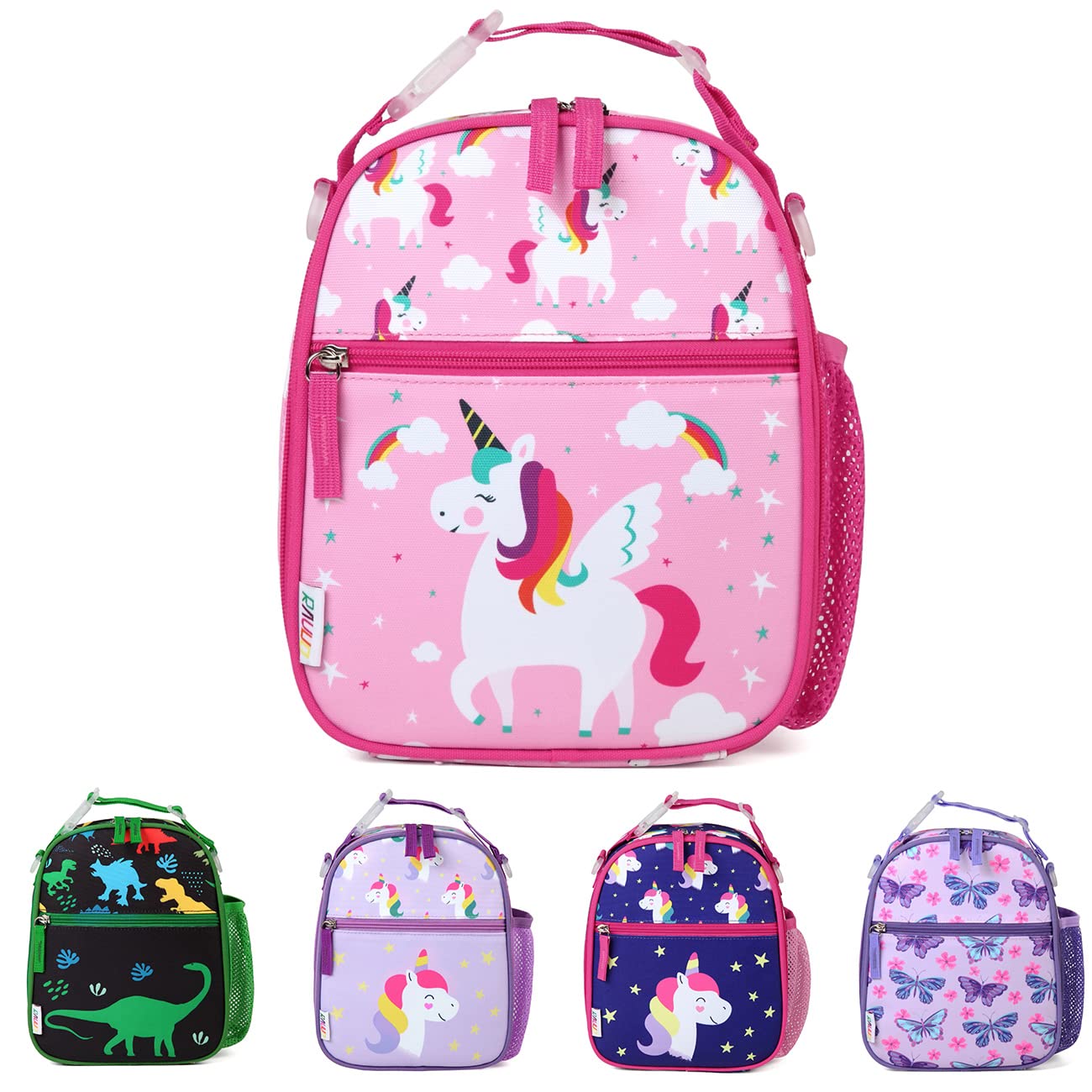 RAVUO Unicorn Lunch Bag, Water Resistant Insulated Cute Girls Lunch Box for Kids Reusable Lunch Tote with Detachable Shoulder Strap and Bottle Holder