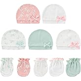 MAMIMAKA Baby Hat and Mittens Set Cotton Newborn Baby Hats Caps for Boys and Girls, 0-6 Months