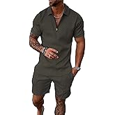 BIRW L Dark Green Mens Short Sets 2 Piece Outfits Fashion Summer Tracksuits Casual Set Polo Shirt Short Sleeve and Shorts Set