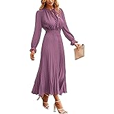 PRETTYGARDEN Women's 2026 Spring Fall Midi Dress Casual Long Sleeve V Neck Swiss Dot Pleated A Line Flowy Dresses