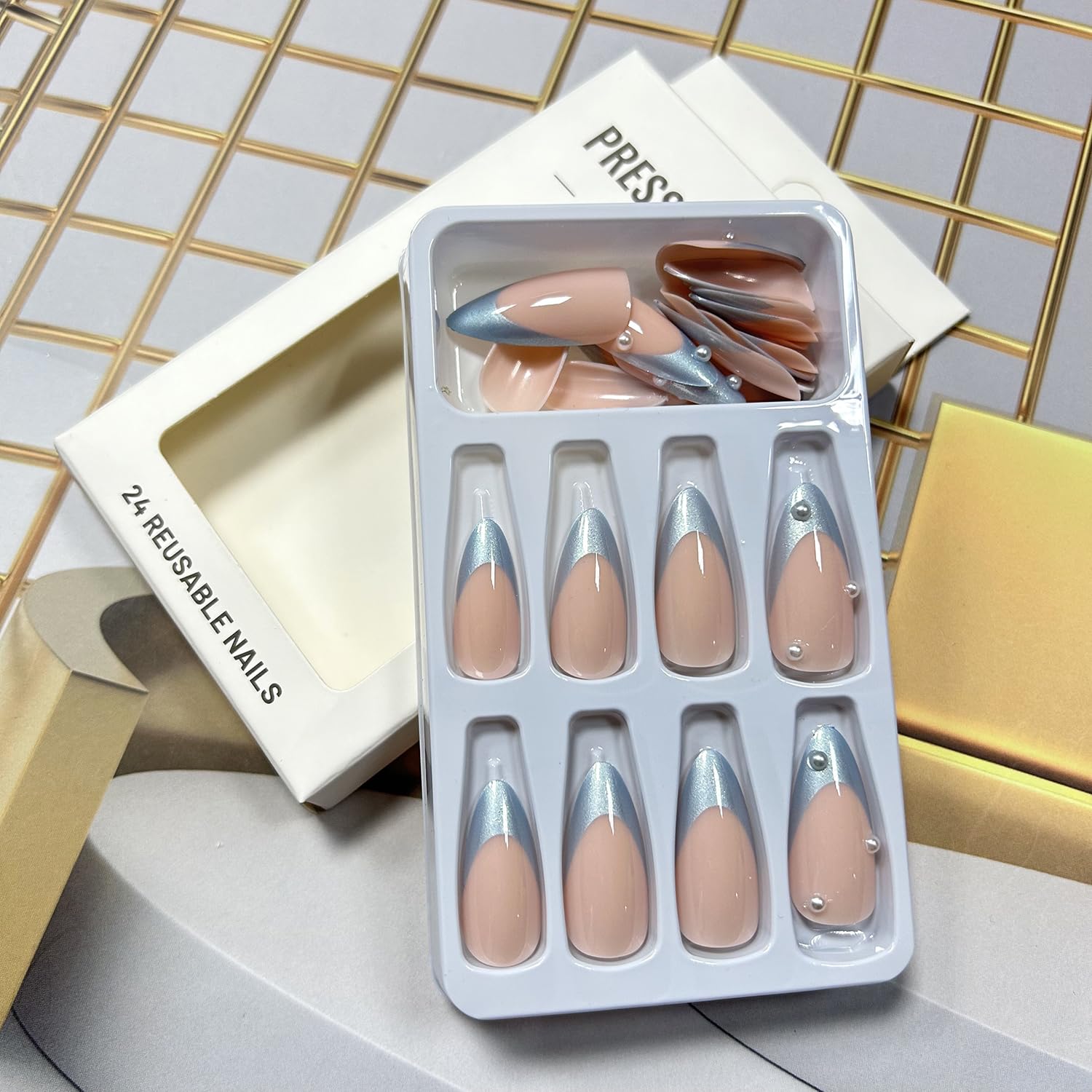 LOPMNGHT Blue French Tip Press on Nails Medium Almond Shaped False Nails Artificial Acrylic Nails Pearl Design French Fake Nails 24Pcs Full Cover Glossy Reusable Coffin Nails Glue on Nails for Women - Image 5