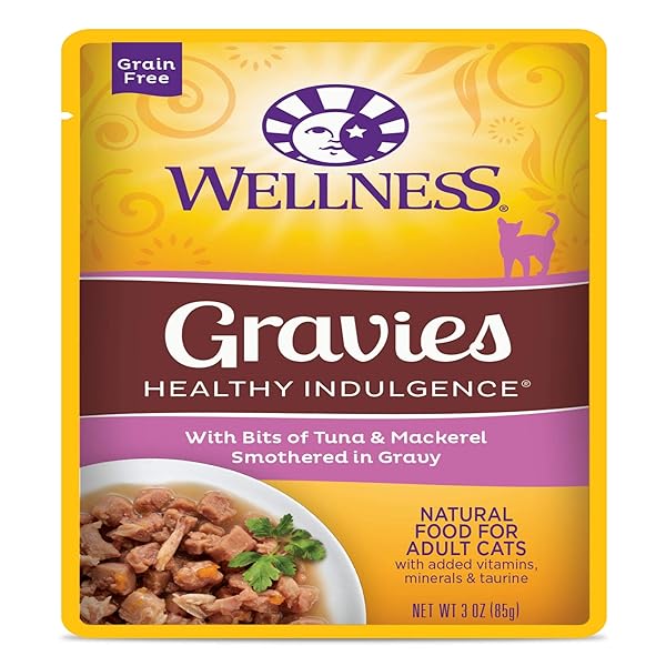 WELLNESS HEALTHY INDULGENCE NATURAL GRAIN FREE GRAVIES WITH TUNA & MACKERAL IN GRAVY WET CAT FOOD, 3 OZ., CASE OF 12, 12 X 3 OZ