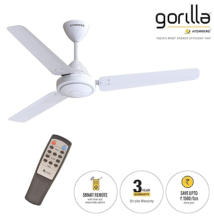 Gorilla Energy Saving 5 Star Rated 1200 Mm Ceiling Fan With Remote Control And Bldc Motor - White