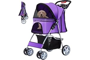 Azaeahom Pet Stroller, 4 Wheels Pet Strolling Cart for Medium/Small Dogs and Cats, Foldable Cat Jogger/Dog Stroller with Cup Holder, Storage Basket, Breathable Mesh, All-Season Pet Carrier, Purple