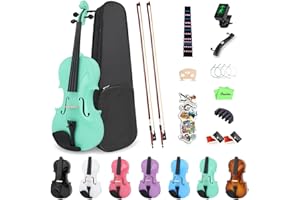 Oneder 4/4 Rainbow Violin Set Full Size Fiddle for Adults Beginners with Hard Case, Shoulder Rest, Rosin, Bow, Tuner, Extra Bridge Strings, 10 Music Stickers (Green)