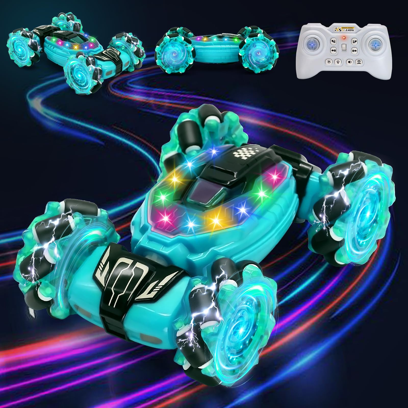 DELEE Remote Control Cars 360° Flips RC Stunt Car, 4WD Remote Control Toy Car with LED Lights Cool Birthday Gifts for Boys Girls Age 6-12 Years (Blue)