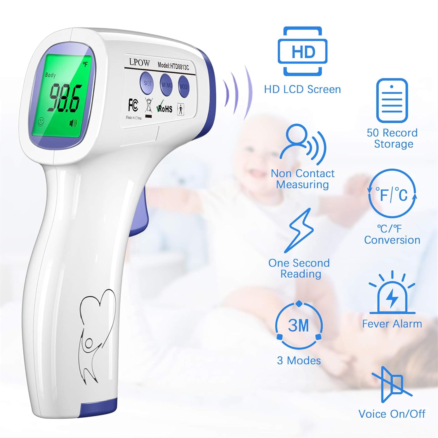 LPOW Forehead Thermometer for Adults, The Non Contact Infrared Baby Thermometer for Fever, Body Thermometer and Surface Thermometer 2 in 1 Dual Mode Medical Thermometer: Industrial & Scientific