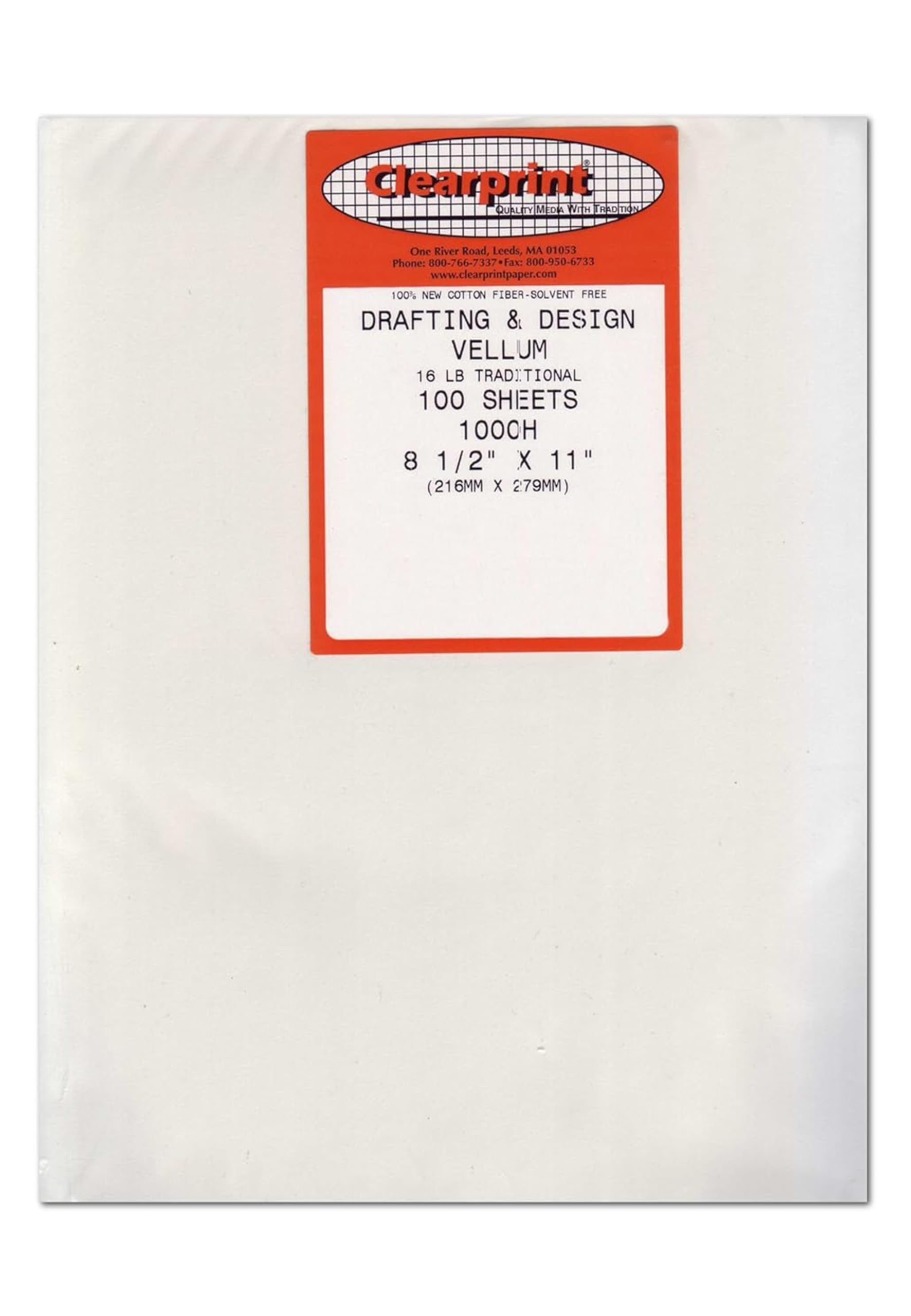 Clearprint 1000H Design Vellum Sheets, 16 lb., 100% Cotton, 8-1/2 x 11 Inches, 100 Sheets Per Pack, Translucent White, 1 Each (10201510)