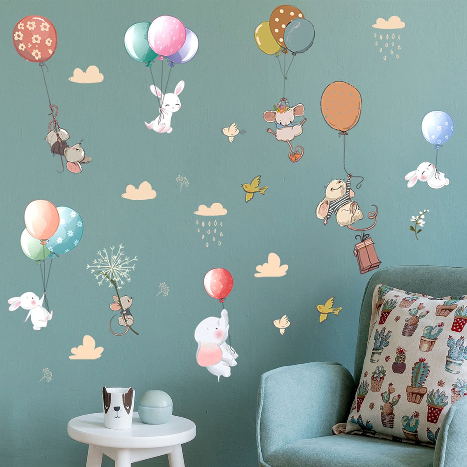 Tenrany Home Colorful Balloon Flying Animals Wall Decals, Cute Rabbit Wall Stickers, DIY Cartoon Bunny Mouses and Elephant Window Clings for Kids Girls Bedroom Living Room Nursery Decoration (Mouse)